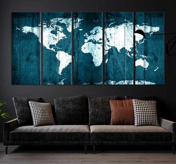 Grunge White Blue World Map on Canvas Wall Art Framed Print