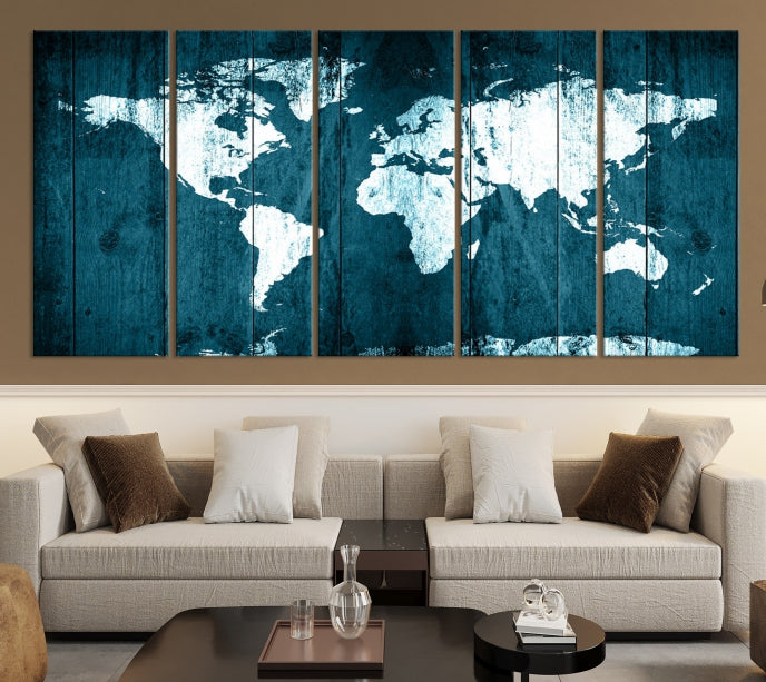 Grunge White Blue World Map on Canvas Wall Art Framed Print