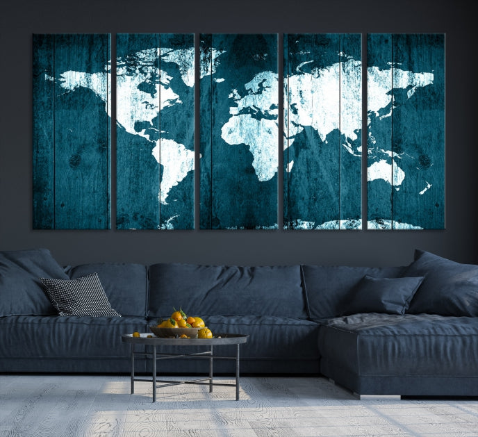 Grunge White Blue World Map on Canvas Wall Art Framed Print