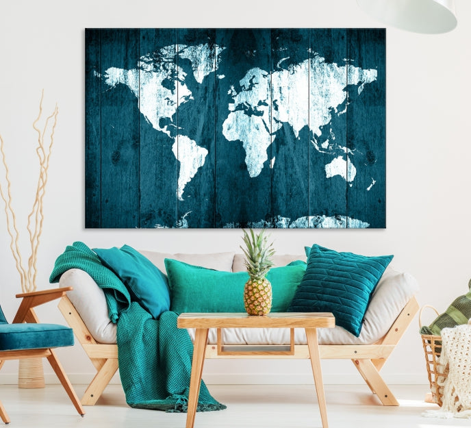 Grunge White Blue World Map on Canvas Wall Art Framed Print