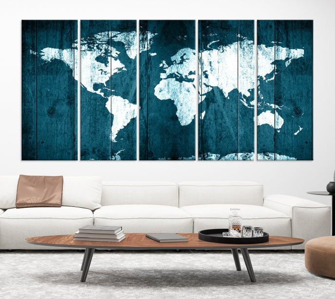 Grunge White Blue World Map on Canvas Wall Art Framed Print