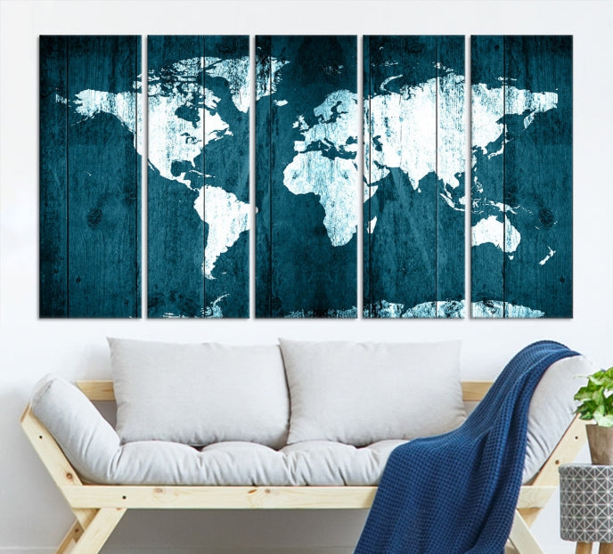 Grunge White Blue World Map on Canvas Wall Art Framed Print