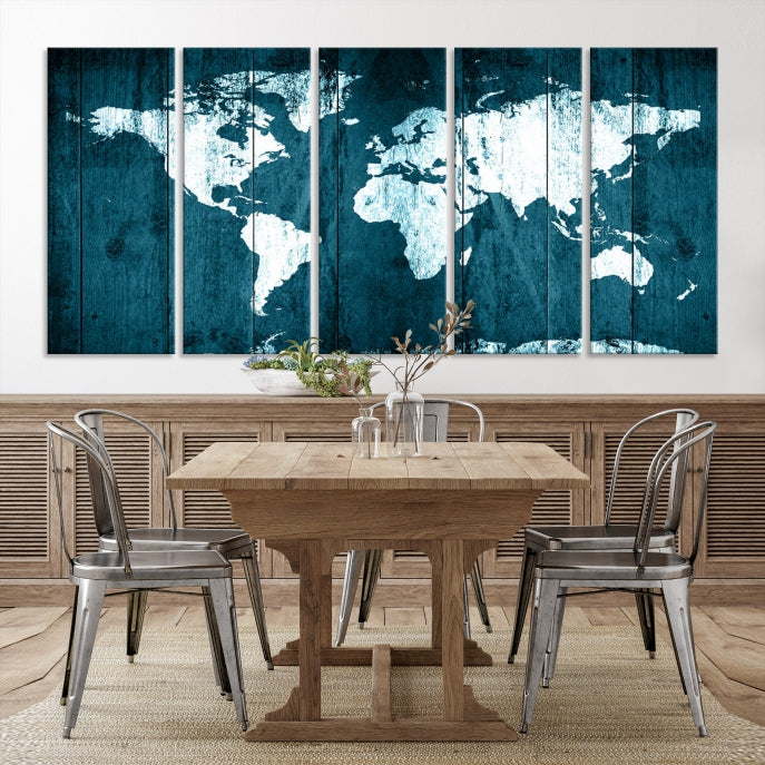 Grunge White Blue World Map on Canvas Wall Art Framed Print