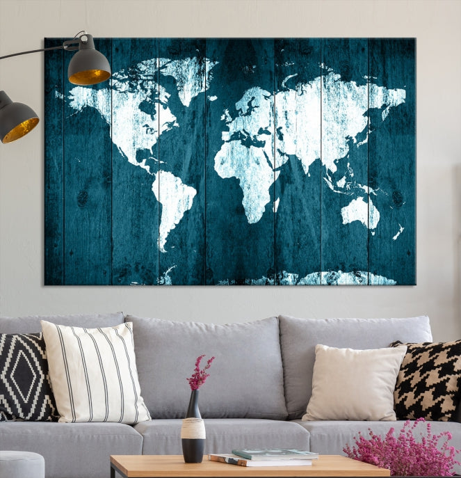 Grunge White Blue World Map on Canvas Wall Art Framed Print