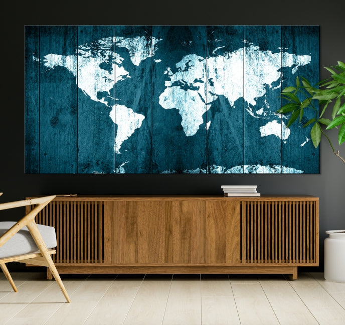 Grunge White Blue World Map on Canvas Wall Art Framed Print