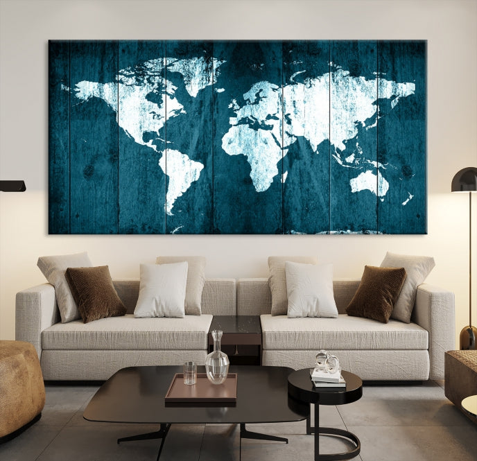 Grunge White Blue World Map on Canvas Wall Art Framed Print