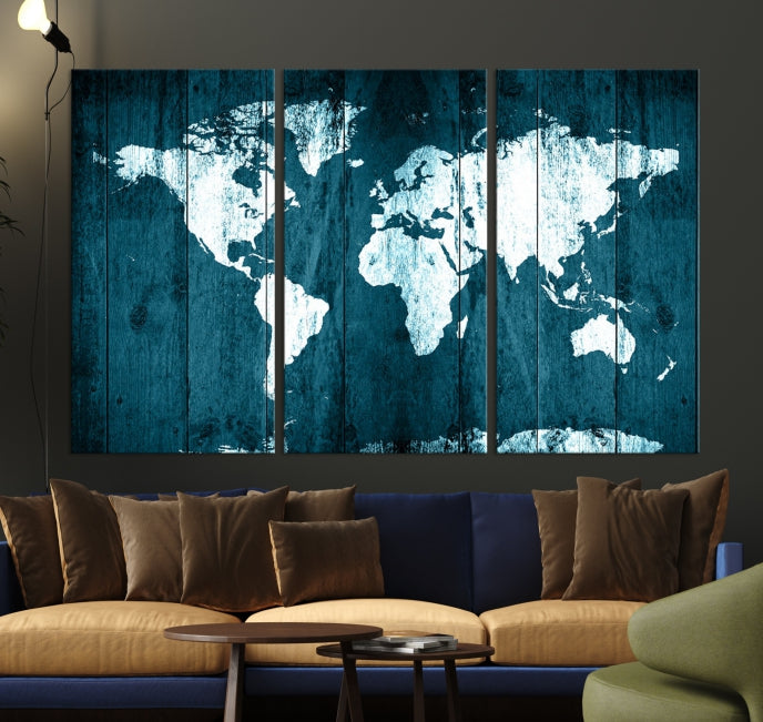 Grunge White Blue World Map on Canvas Wall Art Framed Print