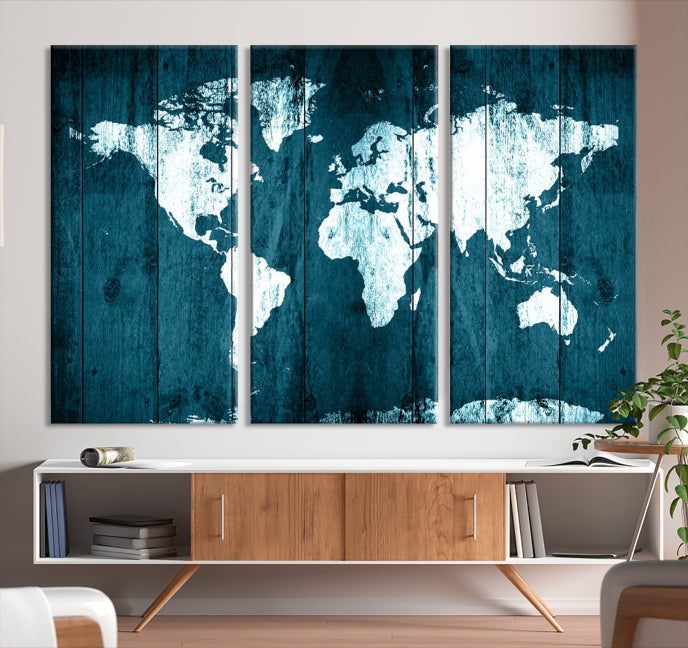 Grunge White Blue World Map on Canvas Wall Art Framed Print