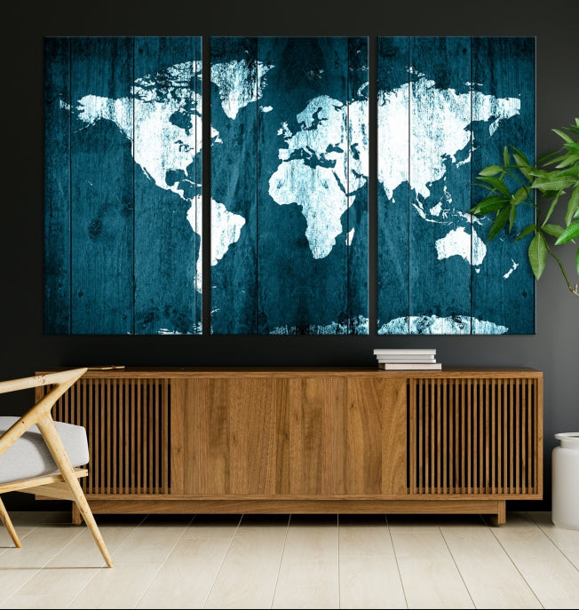 Grunge White Blue World Map on Canvas Wall Art Framed Print