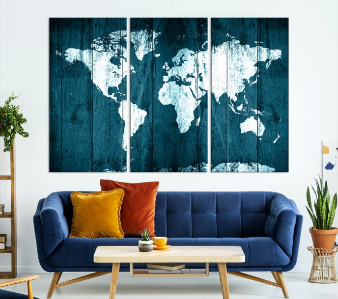 Grunge White Blue World Map on Canvas Wall Art Framed Print