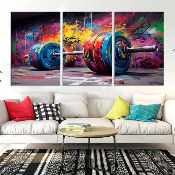 Gym Canvas Wall Art | Barbell Graffiti Print | Motivational Fitness Wall Decor | Workout Room Decor | Home Gym Decor