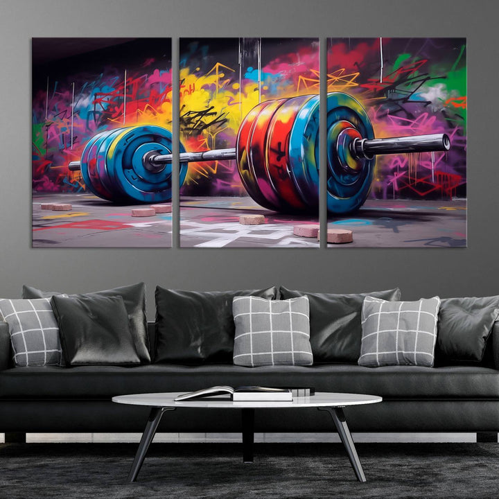 Gym Canvas Wall Art | Barbell Graffiti Print | Motivational Fitness Wall Decor | Workout Room Decor | Home Gym Decor