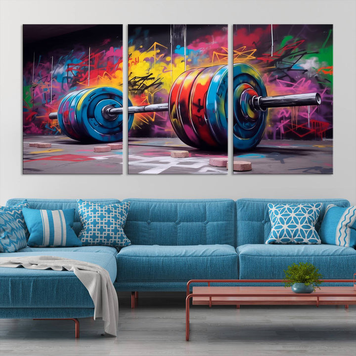 Gym Canvas Wall Art | Barbell Graffiti Print | Motivational Fitness Wall Decor | Workout Room Decor | Home Gym Decor