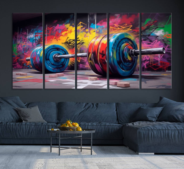 Gym Canvas Wall Art | Barbell Graffiti Print | Motivational Fitness Wall Decor | Workout Room Decor | Home Gym Decor