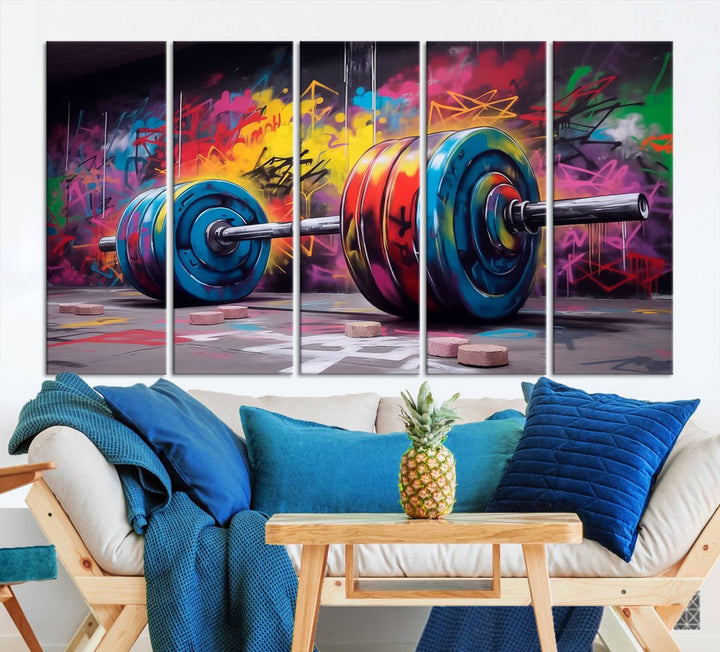 Gym Canvas Wall Art | Barbell Graffiti Print | Motivational Fitness Wall Decor | Workout Room Decor | Home Gym Decor