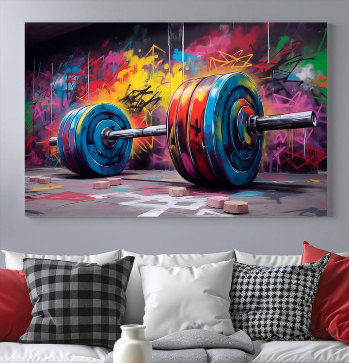 Gym Canvas Wall Art | Barbell Graffiti Print | Motivational Fitness Wall Decor | Workout Room Decor | Home Gym Decor