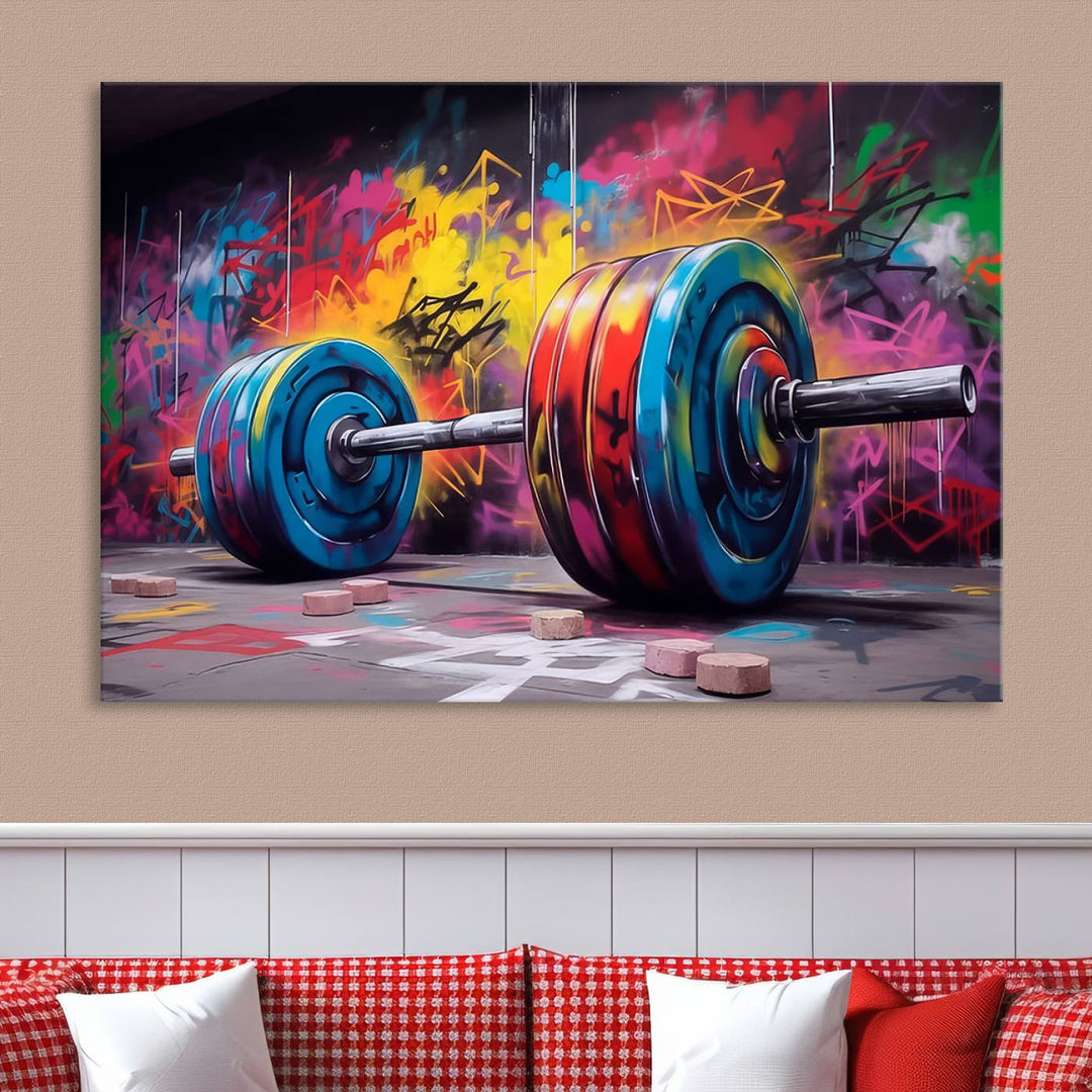 Gym Canvas Wall Art | Barbell Graffiti Print | Motivational Fitness Wall Decor | Workout Room Decor | Home Gym Decor