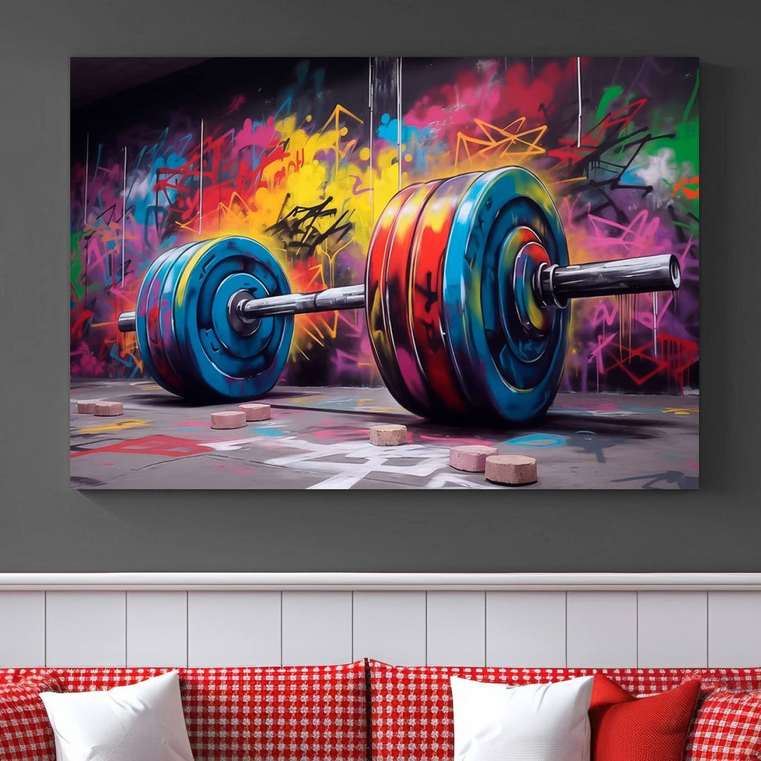 Gym Canvas Wall Art | Barbell Graffiti Print | Motivational Fitness Wall Decor | Workout Room Decor | Home Gym Decor