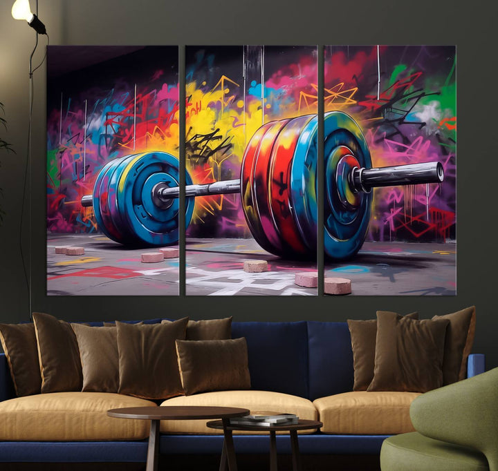 Gym Canvas Wall Art | Barbell Graffiti Print | Motivational Fitness Wall Decor | Workout Room Decor | Home Gym Decor