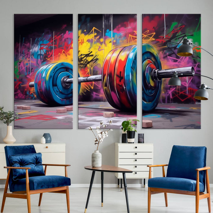 Gym Canvas Wall Art | Barbell Graffiti Print | Motivational Fitness Wall Decor | Workout Room Decor | Home Gym Decor