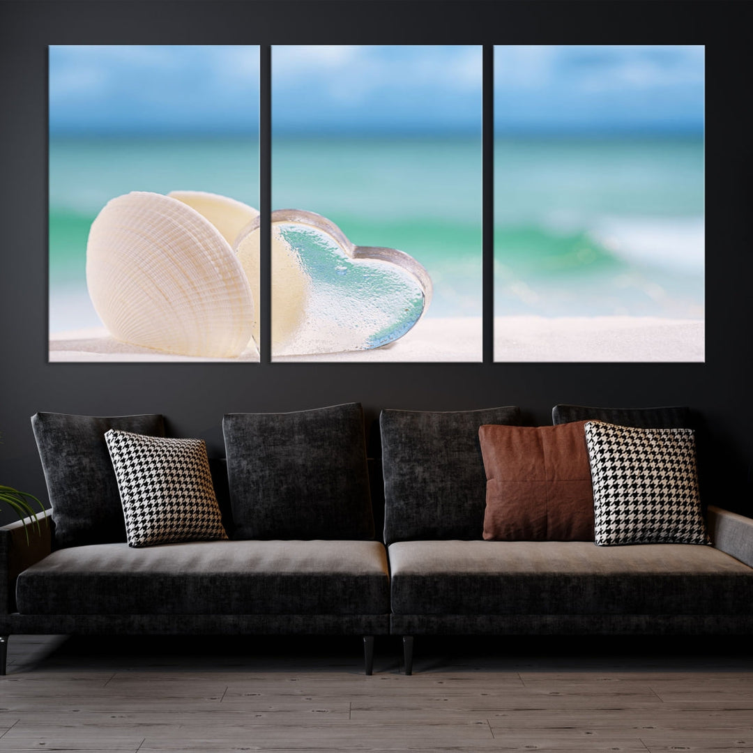 Heart and Seashell Coastal Beach Wall Art Canvas Print