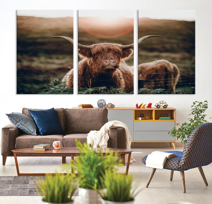 Highland Cow at Sunrise Animal Picture Multi Panel Canvas Wall Art Print