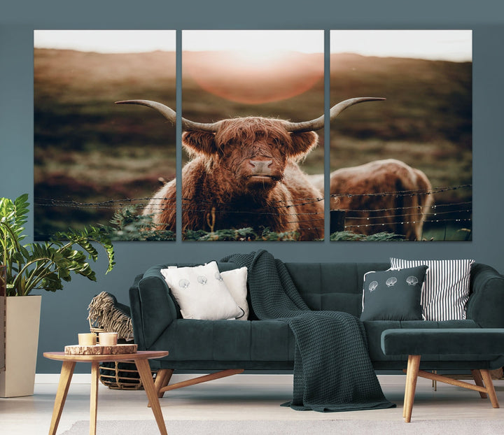 Highland Cow at Sunrise Animal Picture Multi Panel Canvas Wall Art Print