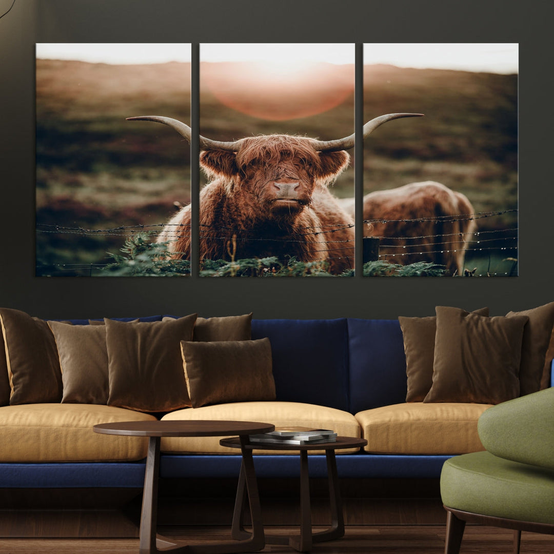 Highland Cow at Sunrise Animal Picture Multi Panel Canvas Wall Art Print