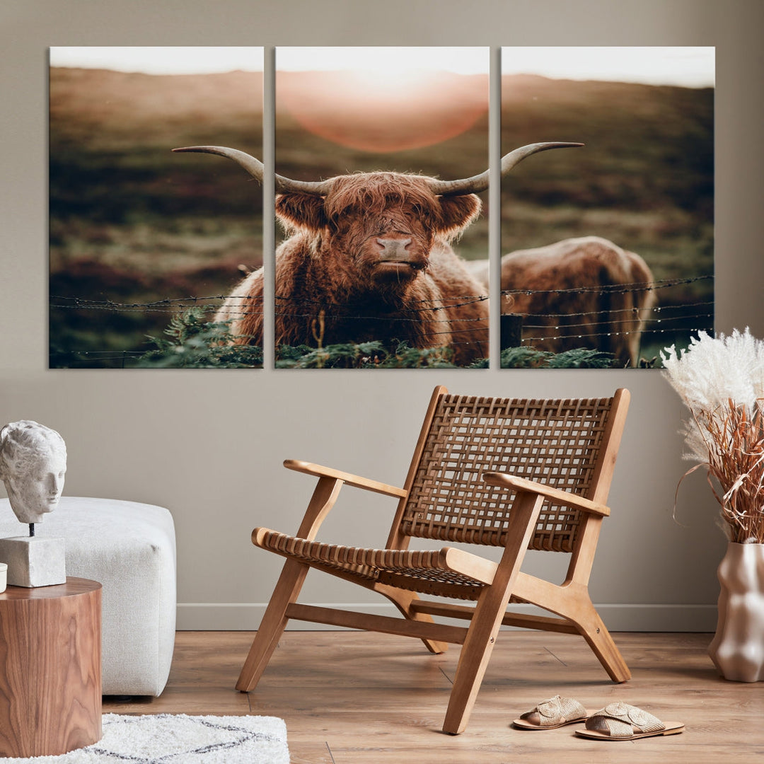 Highland Cow at Sunrise Animal Picture Multi Panel Canvas Wall Art Print