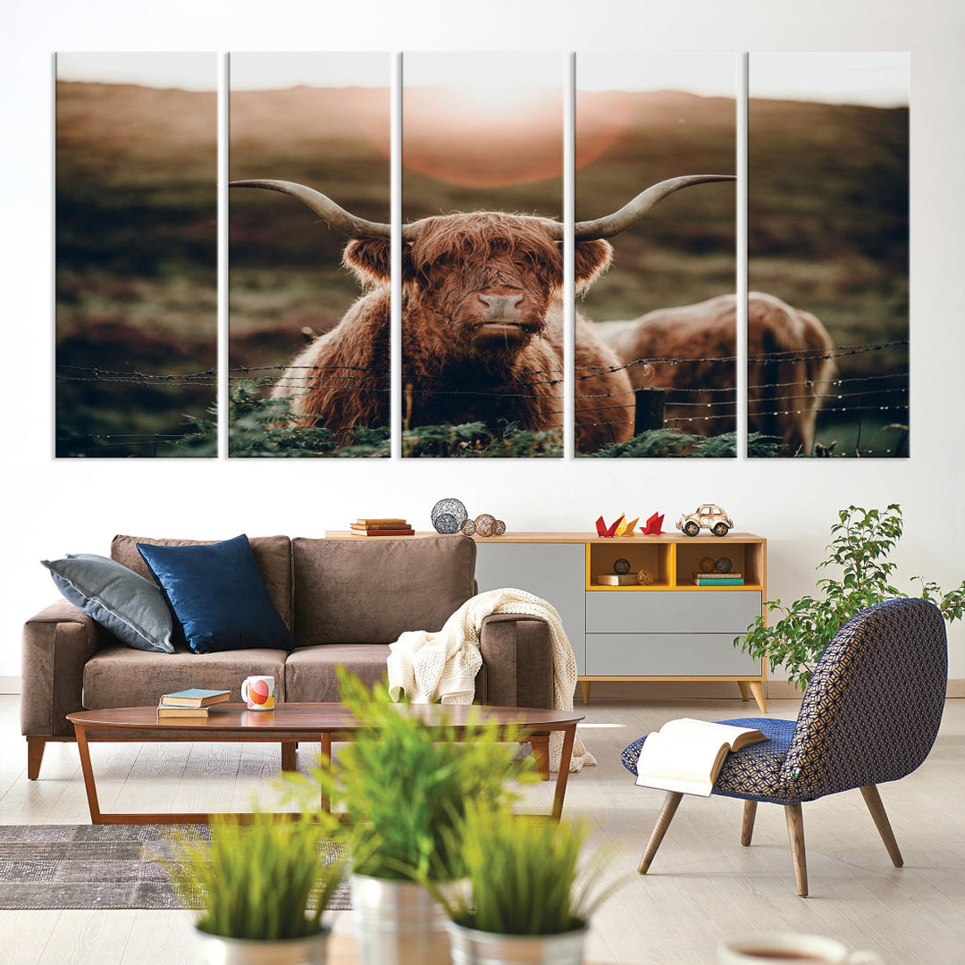 Highland Cow at Sunrise Animal Picture Multi Panel Canvas Wall Art Print