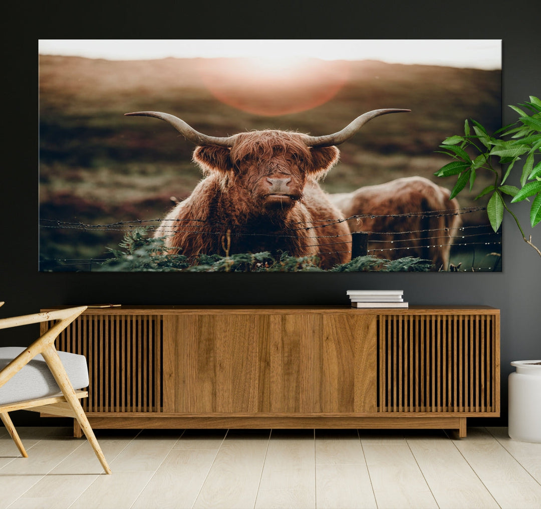 Highland Cow at Sunrise Animal Picture Multi Panel Canvas Wall Art Print