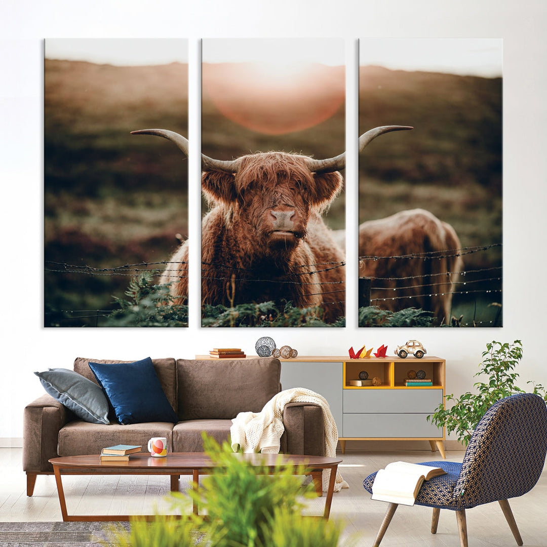 Highland Cow at Sunrise Animal Picture Multi Panel Canvas Wall Art Print