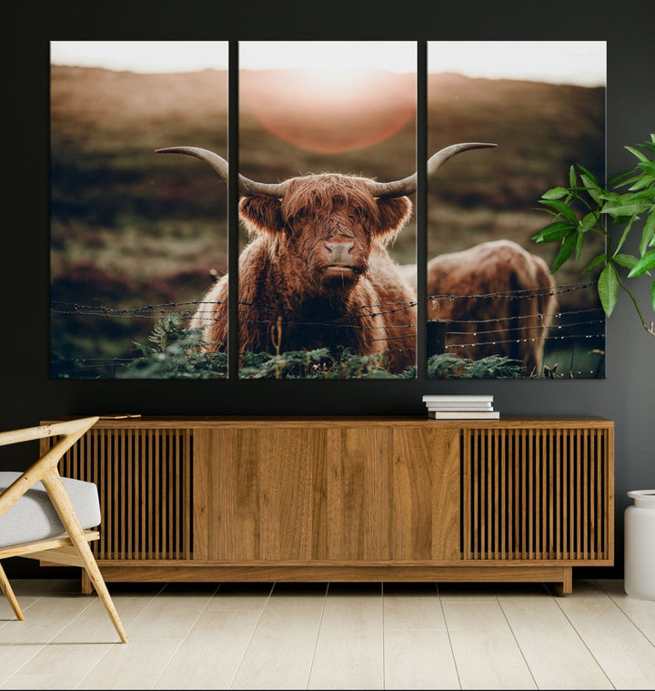 Highland Cow at Sunrise Canvas Wall Art Home Decoration Multi Panel Wall Art Canvas Print Framed Ready to Hang Canvas Artwork for Wall Split Living Room Art Photograph Art Wall Decor