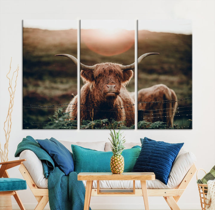 Highland Cow at Sunrise Canvas Wall Art Home Decoration Multi Panel Wall Art Canvas Print Framed Ready to Hang Canvas Artwork for Wall Split Living Room Art Photograph Art Wall Decor