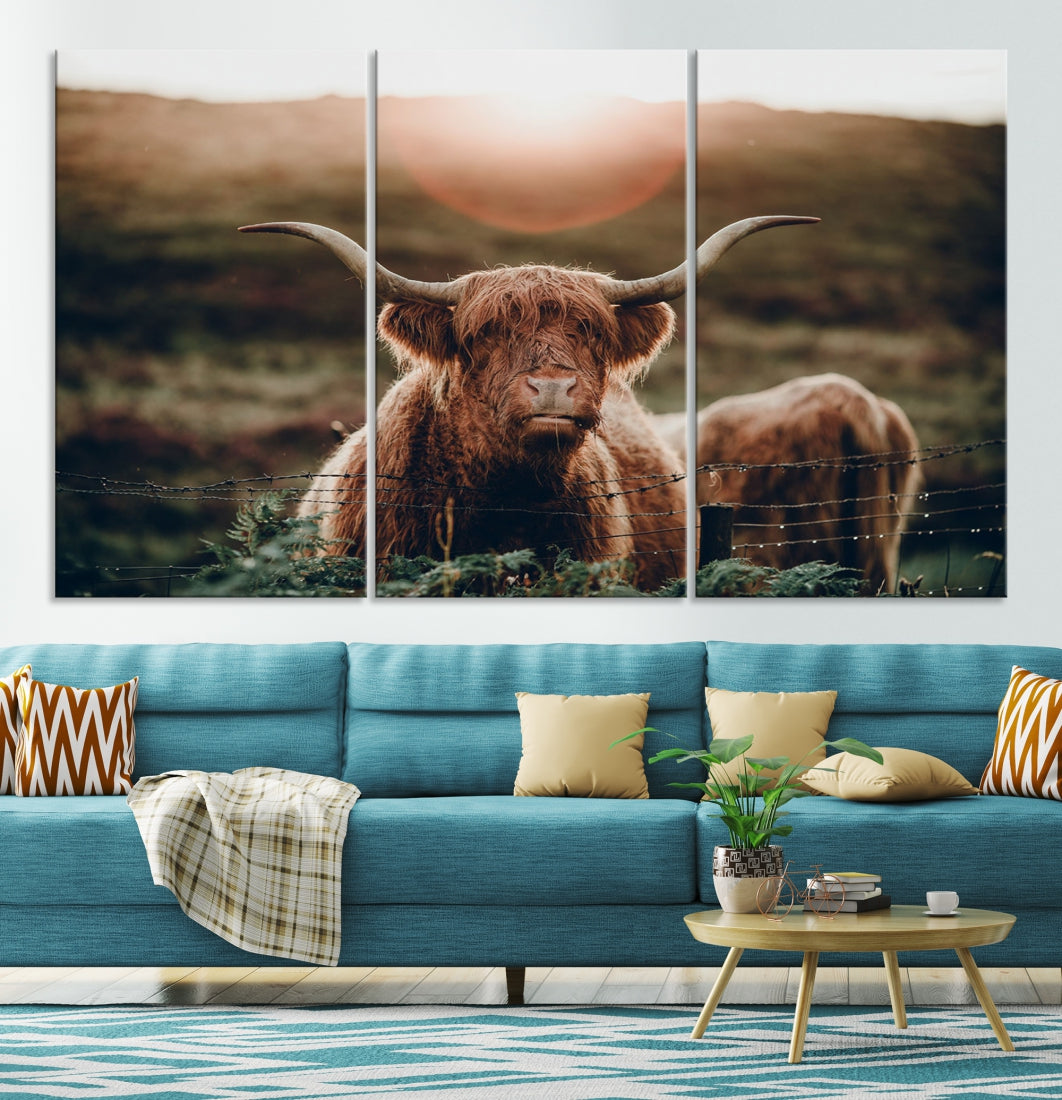 Highland Cow at Sunrise Canvas Wall Art Home Decoration Multi Panel Wall Art Canvas Print Framed Ready to Hang Canvas Artwork for Wall Split Living Room Art Photograph Art Wall Decor