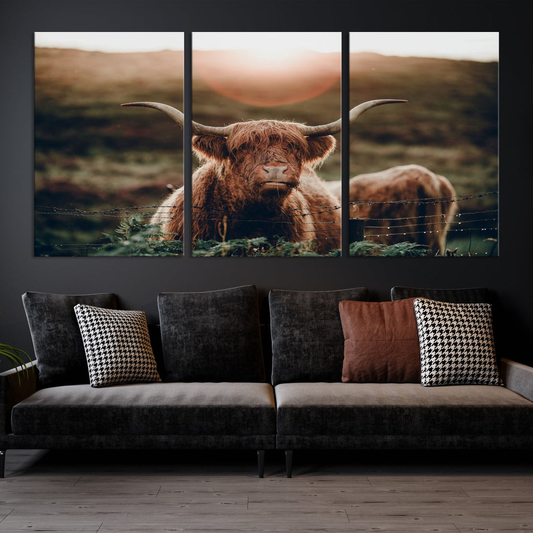 Highland Cow at Sunrise Canvas Wall Art Home Decoration Multi Panel Wall Art Canvas Print Framed Ready to Hang Canvas Artwork for Wall Split Living Room Art Photograph Art Wall Decor