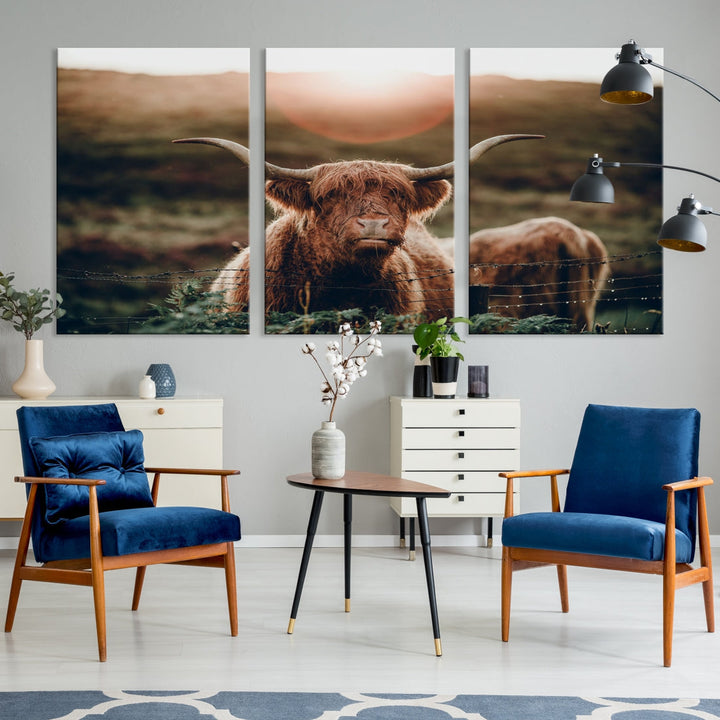 Highland Cow at Sunrise Canvas Wall Art Home Decoration Multi Panel Wall Art Canvas Print Framed Ready to Hang Canvas Artwork for Wall Split Living Room Art Photograph Art Wall Decor