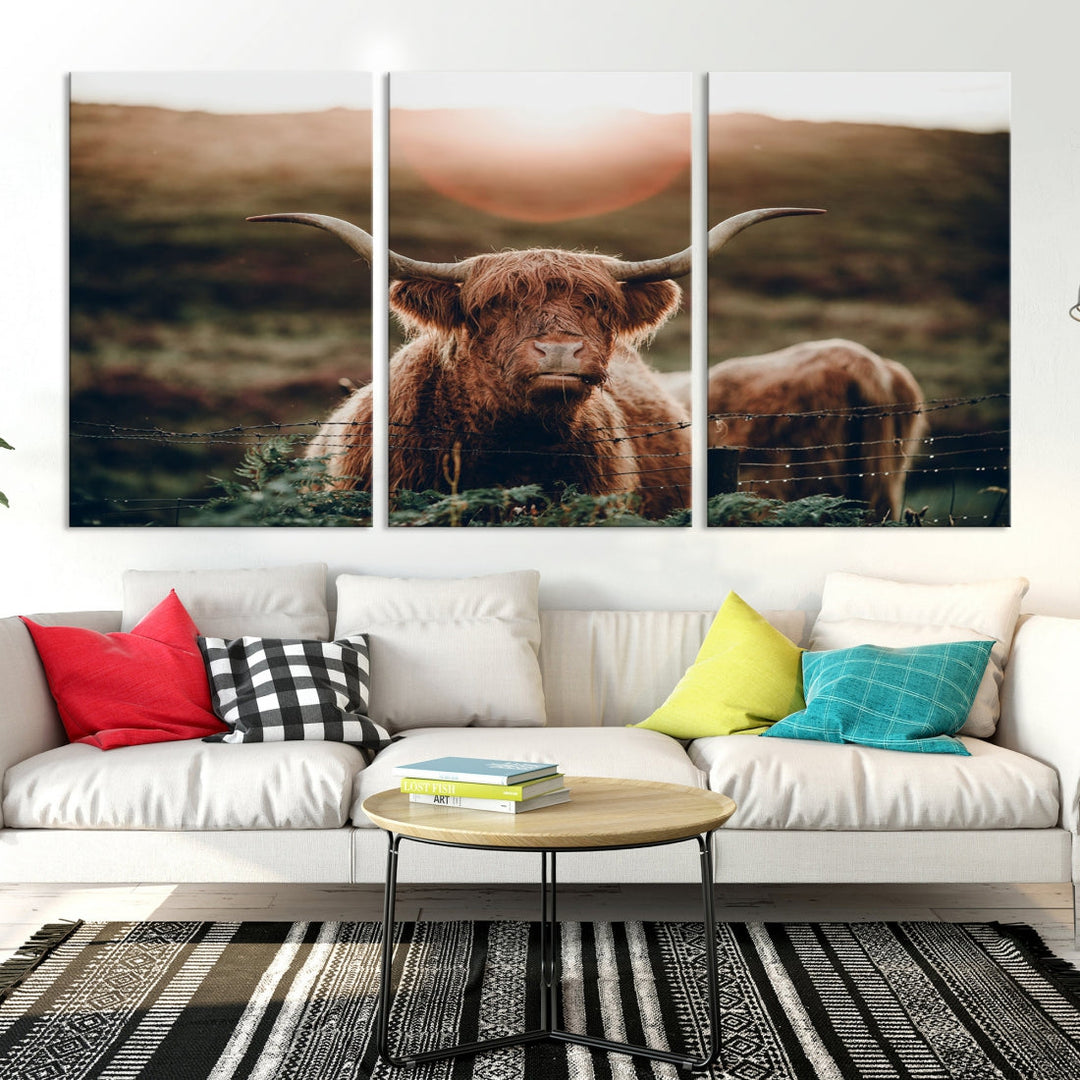 Highland Cow at Sunrise Canvas Wall Art Home Decoration Multi Panel Wall Art Canvas Print Framed Ready to Hang Canvas Artwork for Wall Split Living Room Art Photograph Art Wall Decor