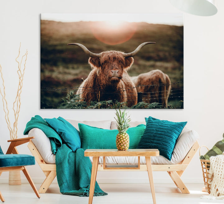 Highland Cow at Sunrise Canvas Wall Art Home Decoration Multi Panel Wall Art Canvas Print Framed Ready to Hang Canvas Artwork for Wall Split Living Room Art Photograph Art Wall Decor