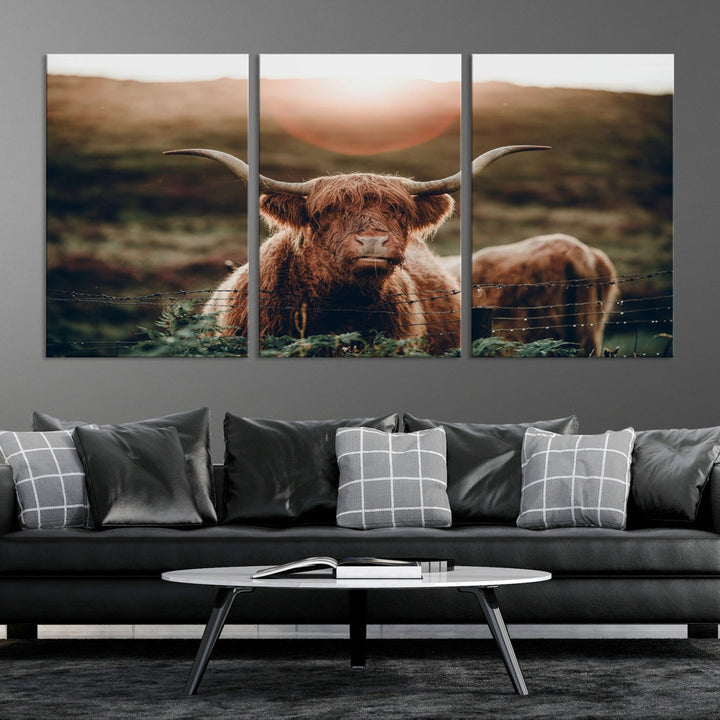 Highland Cow at Sunrise Canvas Wall Art Home Decoration Multi Panel Wall Art Canvas Print Framed Ready to Hang Canvas Artwork for Wall Split Living Room Art Photograph Art Wall Decor