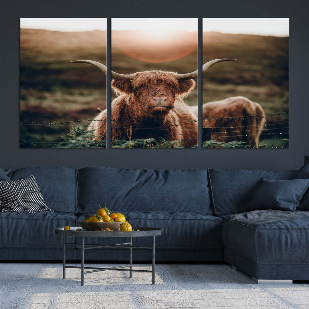 Highland Cow at Sunrise Canvas Wall Art Home Decoration Multi Panel Wall Art Canvas Print Framed Ready to Hang Canvas Artwork for Wall Split Living Room Art Photograph Art Wall Decor