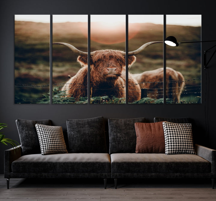 Highland Cow at Sunrise Canvas Wall Art Home Decoration Multi Panel Wall Art Canvas Print Framed Ready to Hang Canvas Artwork for Wall Split Living Room Art Photograph Art Wall Decor