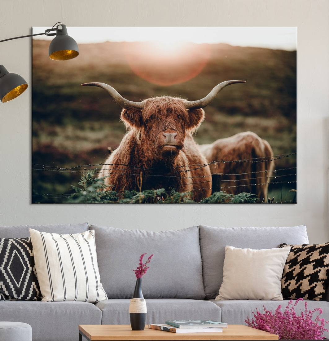 Highland Cow at Sunrise Canvas Wall Art Home Decoration Multi Panel Wall Art Canvas Print Framed Ready to Hang Canvas Artwork for Wall Split Living Room Art Photograph Art Wall Decor