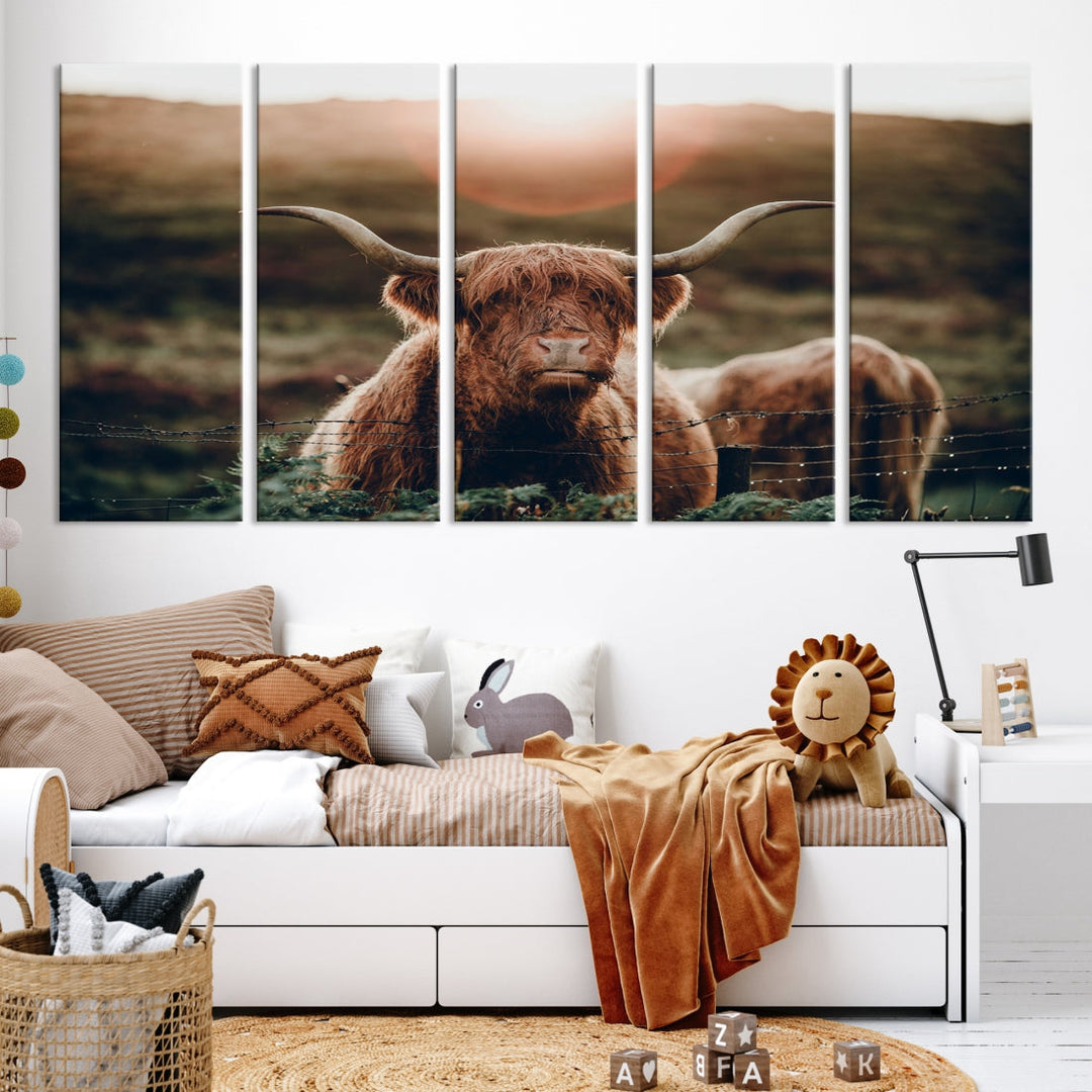 Highland Cow at Sunrise Canvas Wall Art Home Decoration Multi Panel Wall Art Canvas Print Framed Ready to Hang Canvas Artwork for Wall Split Living Room Art Photograph Art Wall Decor