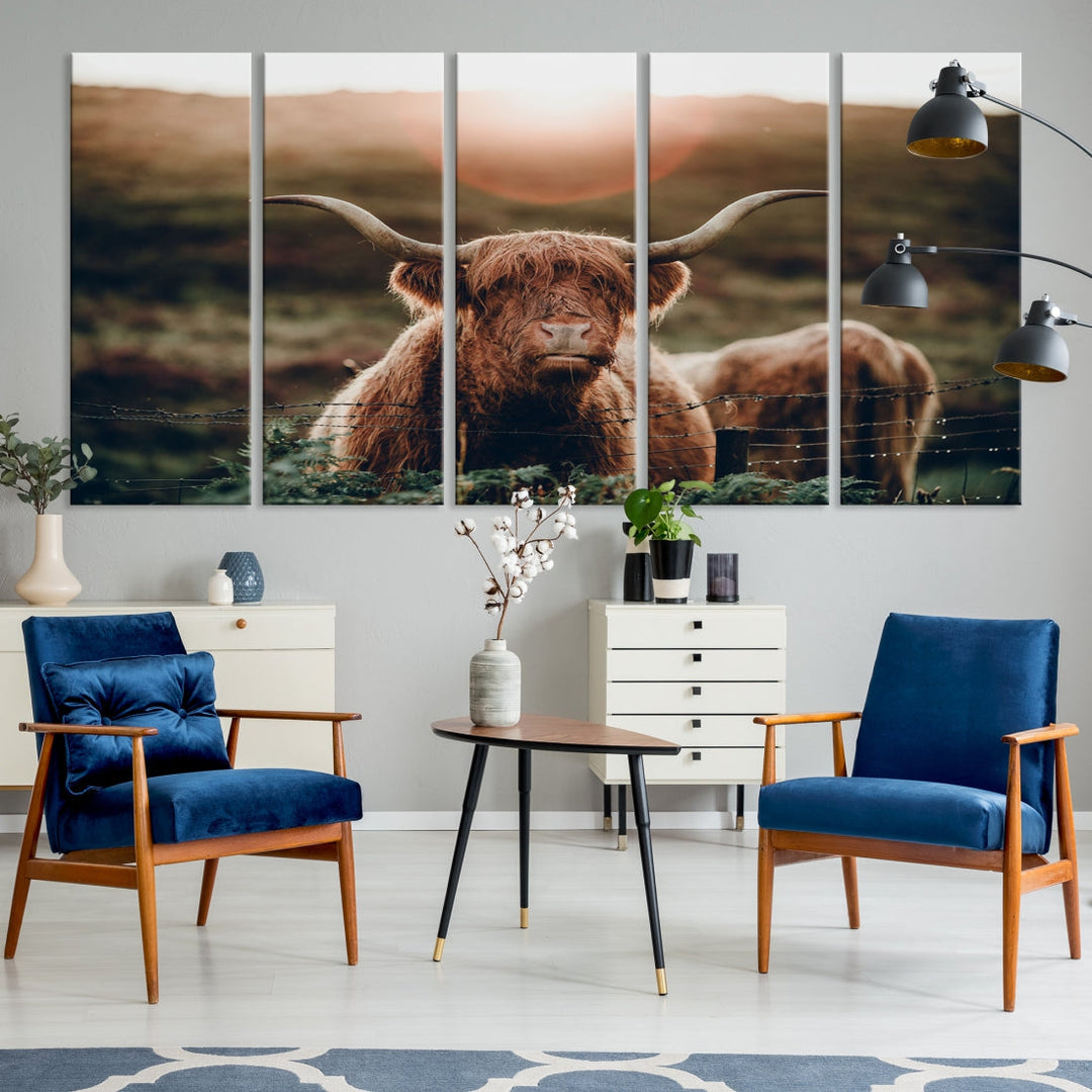 Highland Cow at Sunrise Canvas Wall Art Home Decoration Multi Panel Wall Art Canvas Print Framed Ready to Hang Canvas Artwork for Wall Split Living Room Art Photograph Art Wall Decor