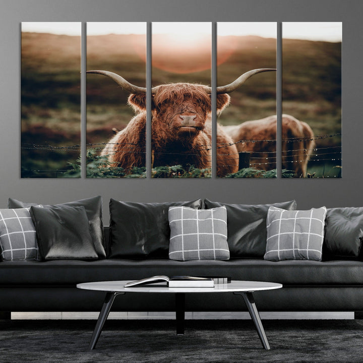 Highland Cow at Sunrise Canvas Wall Art Home Decoration Multi Panel Wall Art Canvas Print Framed Ready to Hang Canvas Artwork for Wall Split Living Room Art Photograph Art Wall Decor