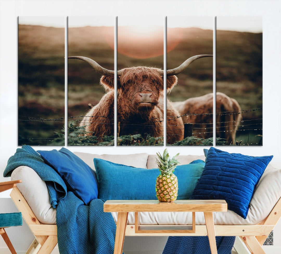 Highland Cow at Sunrise Canvas Wall Art Home Decoration Multi Panel Wall Art Canvas Print Framed Ready to Hang Canvas Artwork for Wall Split Living Room Art Photograph Art Wall Decor