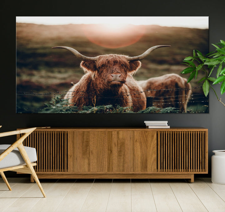 Highland Cow at Sunrise Canvas Wall Art Home Decoration Multi Panel Wall Art Canvas Print Framed Ready to Hang Canvas Artwork for Wall Split Living Room Art Photograph Art Wall Decor