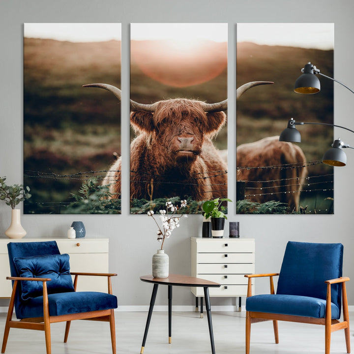 Highland Cow at Sunrise Canvas Wall Art Home Decoration Multi Panel Wall Art Canvas Print Framed Ready to Hang Canvas Artwork for Wall Split Living Room Art Photograph Art Wall Decor