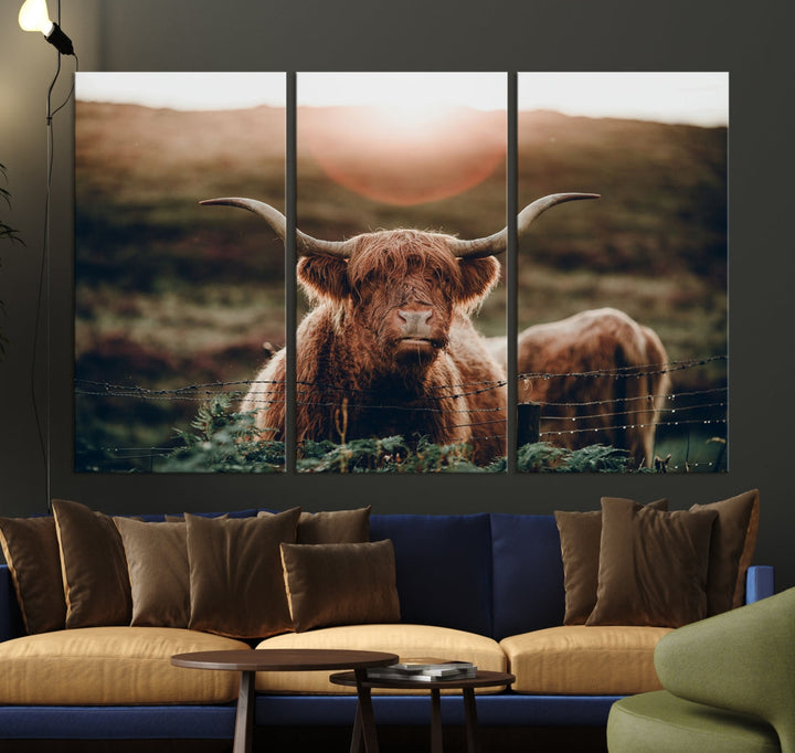 Highland Cow at Sunrise Canvas Wall Art Home Decoration Multi Panel Wall Art Canvas Print Framed Ready to Hang Canvas Artwork for Wall Split Living Room Art Photograph Art Wall Decor